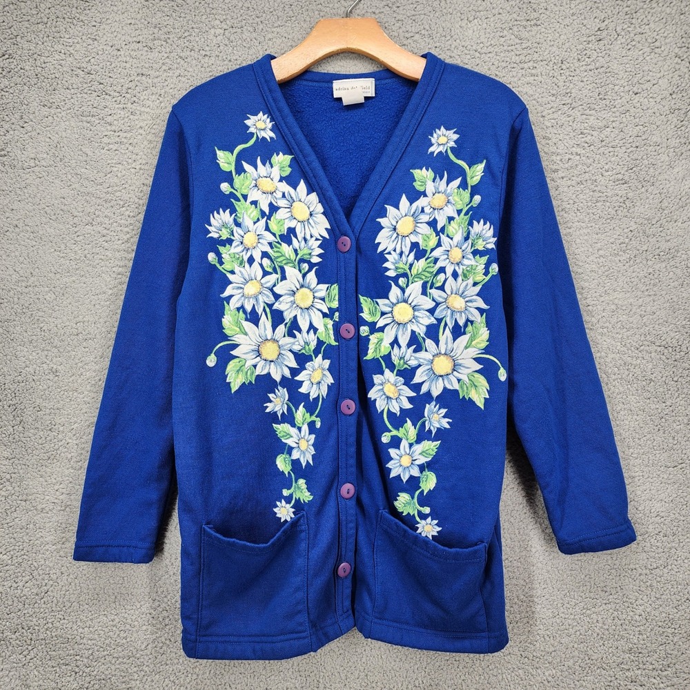 Vintage Adrian Delafield Haband Blue Floral Daisy‎ Cardigan Sweatshirt Small USA